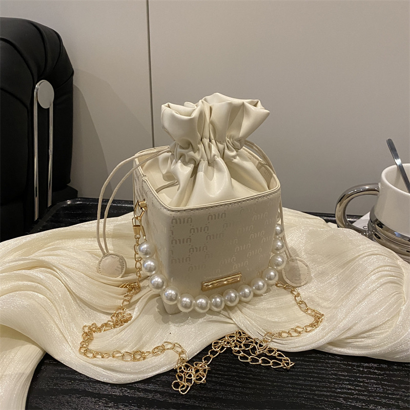 MZ Women's Drawstring Bucket Bag 2025 New Chain Beaded Crossbody Shoulder Bag