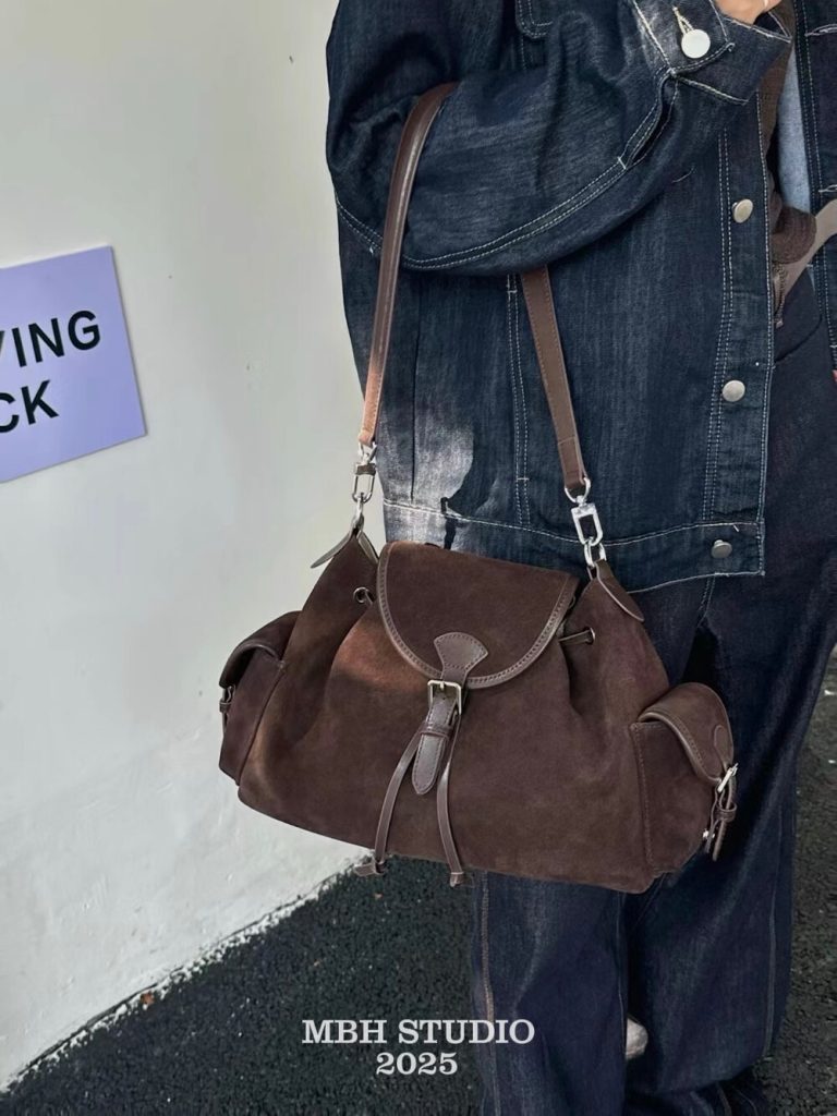 MBH Frosted Leather Moto Drawstring Cloud Bag Large Capacity Commuter Multi Pocket Shoulder Bag with Strap