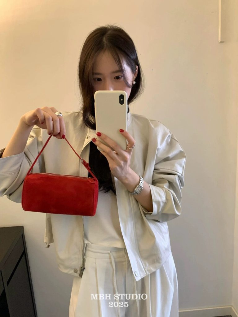 MBH Minimalist Sheepskin Leather Christmas Red Bucket Bag 90s Top Handle Crossbody with Shoulder Strap