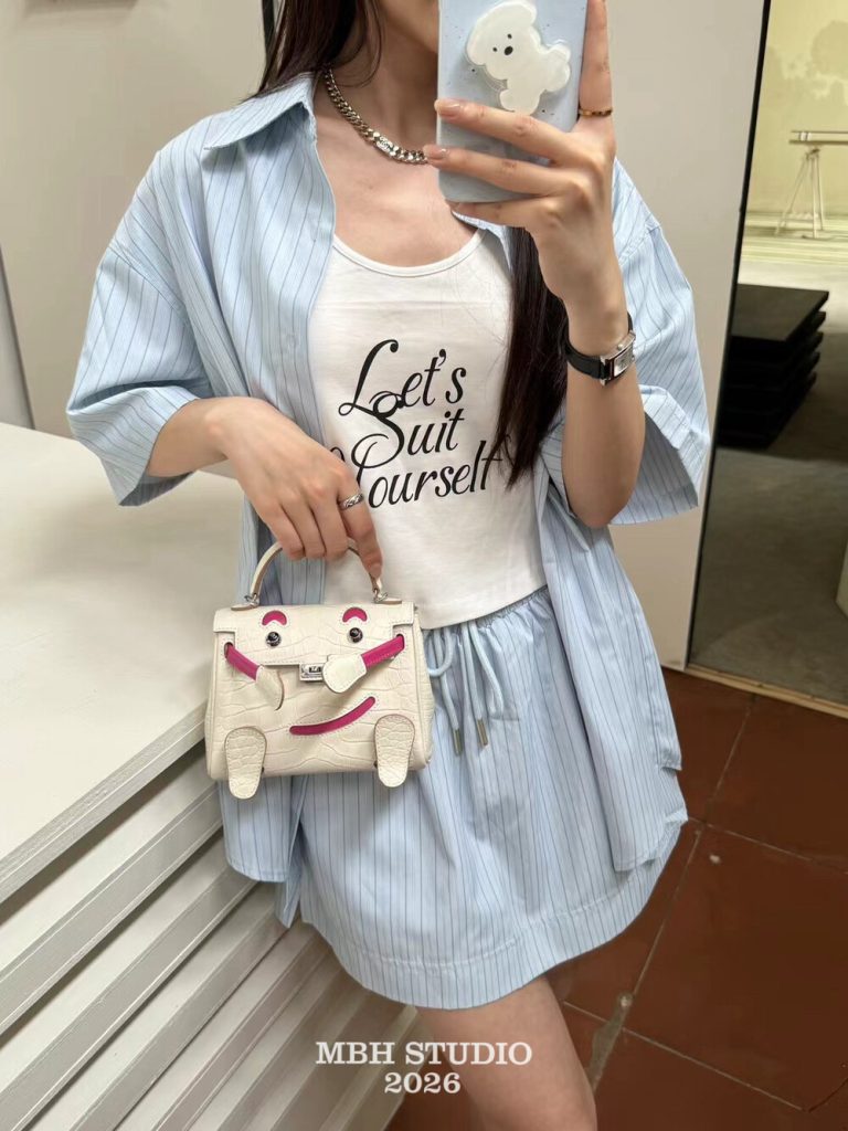 MBH Millennium Doll Top-Grain Leather Mini Kelly Bag Cute Shoulder Crossbody Handbag with Strap