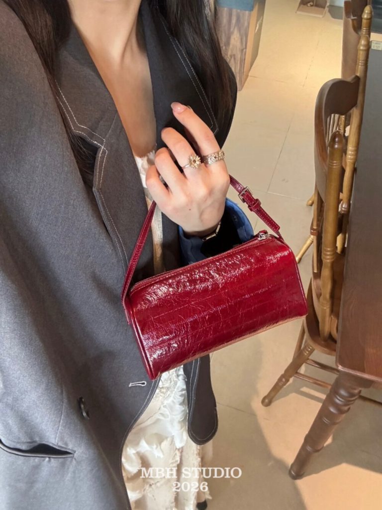 MBH Burgundy Eel Texture 90s Bucket Bag Niche Design Crossbody Handbag with Strap