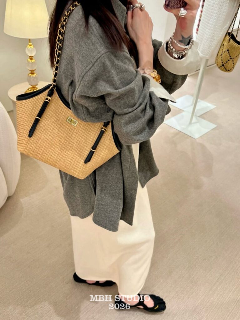 MBH Summer Vacation Woven Straw Top Layer Cowhide Raffia Chain Tote Shoulder Bag