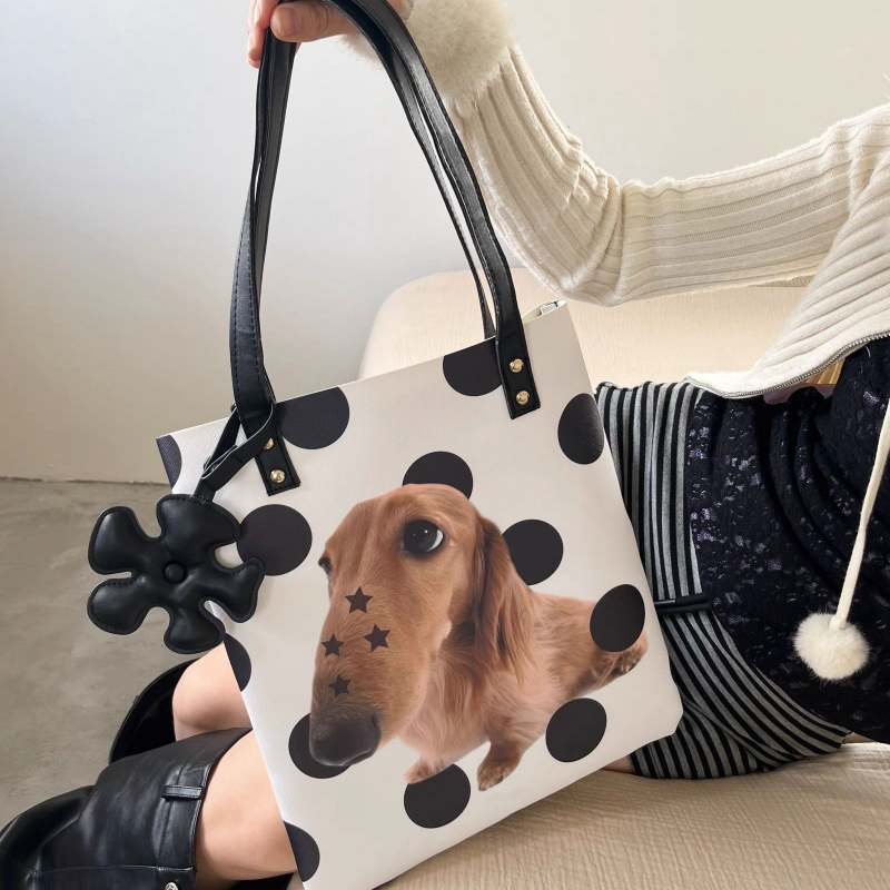 Cute Polka Dot Dachshund Tote Bag Large Capacity Versatile Niche One Shoulder Bag for Students and Commute